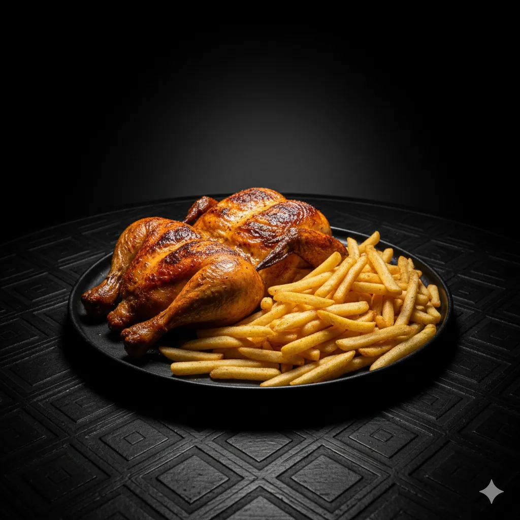 Whole flame-grilled chicken and chips